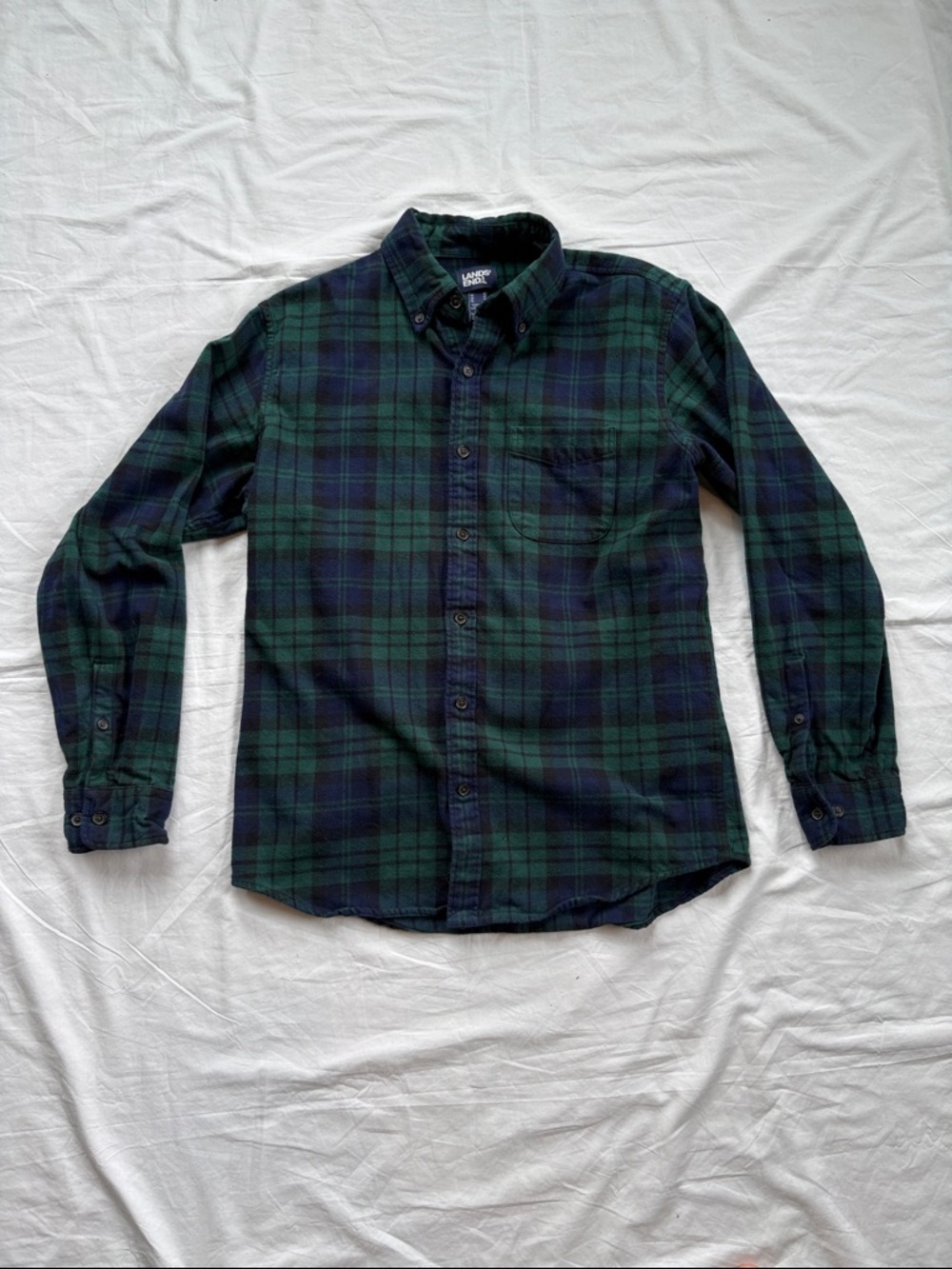 Lands' End Green and Navy Plaid Flannel Button-Down Shirt men’s Medium
